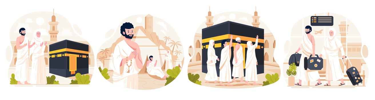 Illustration Set of Islamic Hajj Pilgrimage. Muslim People performs Islamic Hajj Pilgrimage. Man and Woman Hajj characters wear ihram clothes with a Kaaba background. Vector illustration