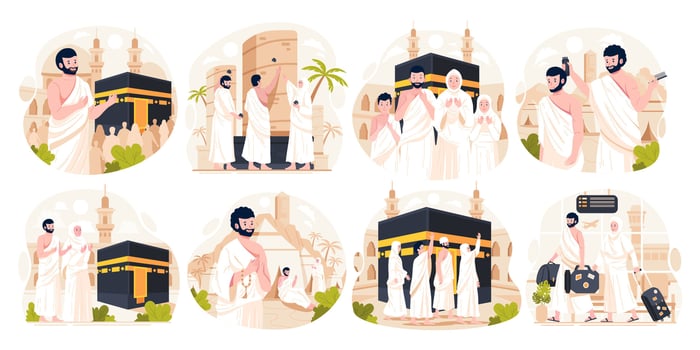 Illustration Set of Islamic Hajj Pilgrimage. Muslim People performs Islamic Hajj Pilgrimage. Man and Woman Hajj characters wear ihram clothes with a Kaaba background. Vector illustration