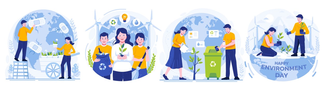 Illustration Set of World Environment Day. People taking care the earth. Save our planet. Earth Day Concept. Vector illustration