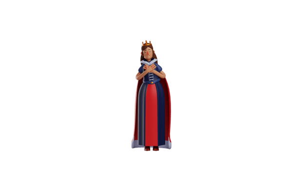 3D illustration. Calm Queen 3D cartoon character. The queen put her hands on her chest. The queen closed her eyes and felt calm. Queen looks classic and elegant. 3D cartoon character png