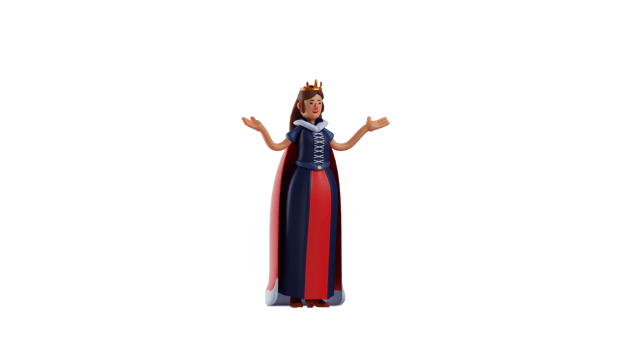 3D illustration. Sweet Queen 3D cartoon character. The queen spread her hands. The queen smiled and showed her beauty. happy cinderella. 3D cartoon character png