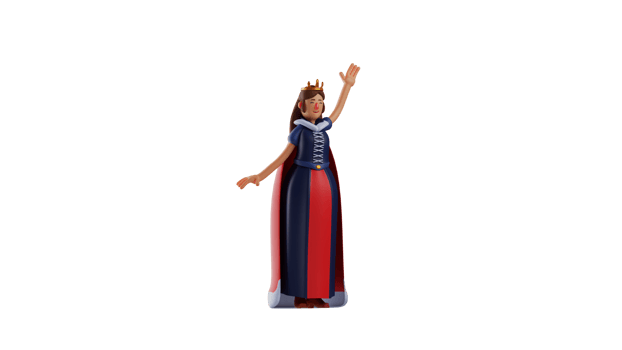 3D illustration. Elegant Queen 3D cartoon character. The queen waved one hand at someone. The queen was calling someone who was in front of her. 3D cartoon character png