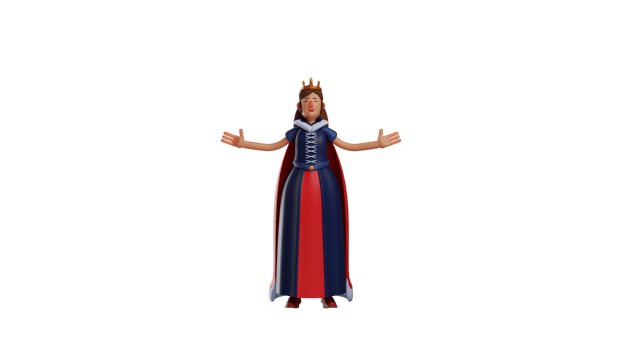 3D illustration. Relaxed Queen 3D cartoon character. The queen stood while stretching her arms. The queen closed her eyes and enjoyed the air around her. 3D cartoon character png