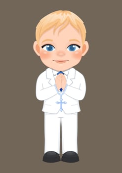 First communion concept with blond hair boy praying has a rosary in his hand and standing on brown background vector