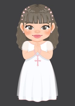 First communion concept with cute girl praying has a rosary in her hand and standing on gray background vector