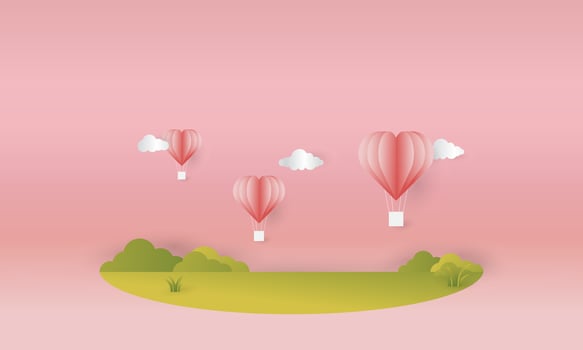 Valentine's Day themed background design in a paper cut style, with elements of hearts, feathers, hot air balloons, perfect for love and valentine themed backgrounds vector