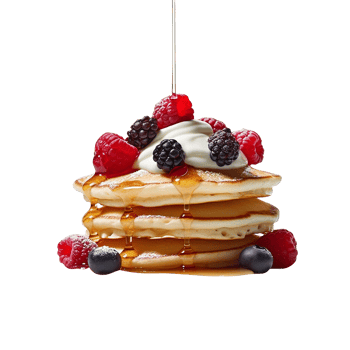 Fresh pancakes stack with berries and syrup on transparent background png