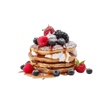 Fresh pancakes stack with berries and syrup on transparent background png