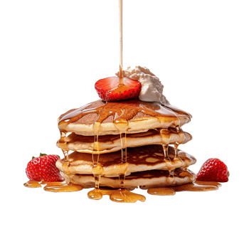 Fresh tasty pancakes with berries and syrup on transparent background png