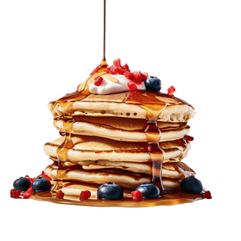 Fresh pancakes stack with berries and syrup on transparent background png