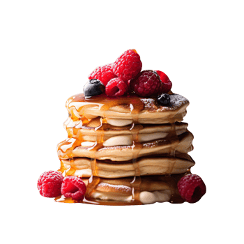 Fresh pancakes stack with berries and syrup on transparent background png