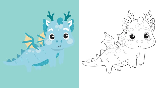 Coloring activity for children. Coloring dragon illustration. Coloring worksheet for kids. Educational printable coloring worksheet. Vector file.