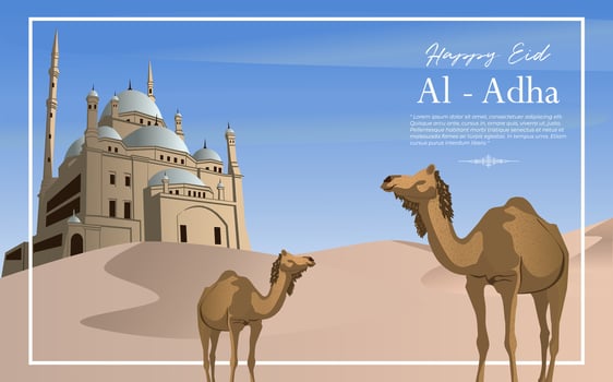 Happy eid al adha poster illustration with camels for sacrifice vector
