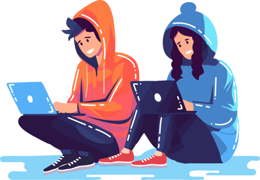 Hand Drawn couple sitting and using laptop in flat style png