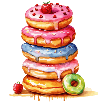 Watercolor illustration of a stack of delicious donuts with icing and sprinkles png