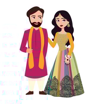 Vector vector cute indian couple cartoon in traditional dress posing for wedding invitation card design