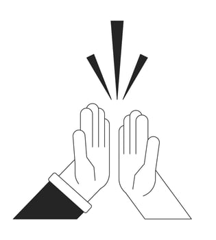 Teamwork hands bw concept vector spot illustration. High five hands 2D cartoon flat line monochromatic clipart for web UI design. Coworkers. Business colleagues editable isolated outline hero image