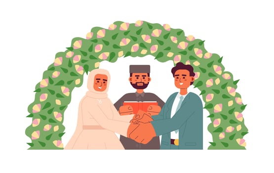 Imam officiating muslim bride groom wedding semi flat colorful vector characters. Nikah ceremony. Editable half body people on white. Simple cartoon spot illustration for web graphic design