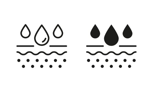 Skin Layer Absorb Water Drop Line and Silhouette Black Icon Set. Moisture Skin Pictogram. Anti Dry Skincare, Moisturizing Face and Body Skin Symbol Collection. Isolated Vector Illustration.