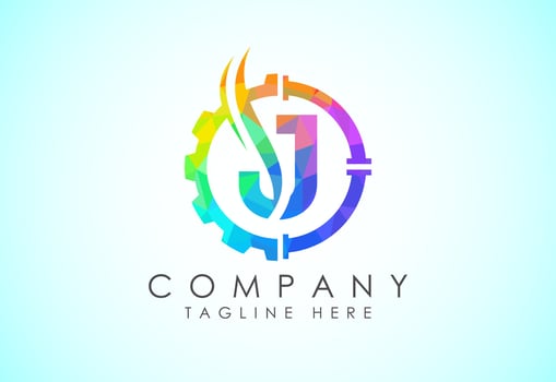 Initial low poly alphabet with gear pipe and flame. Oil and gas logo concept vector