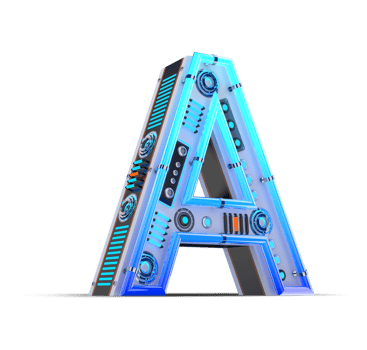 3D alphabet with blue neon and neon light effect. png