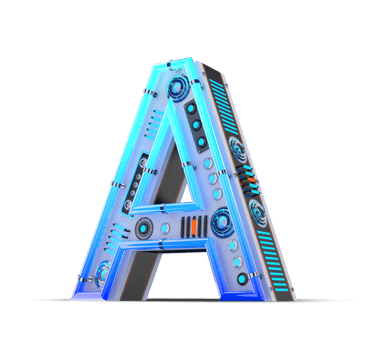 3D alphabet with blue neon and neon light effect. png