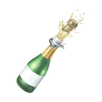 A glass bottle with champagne flying out with a cork, splashes and bubbles. Watercolor illustration, hand drawn. Isolated element png