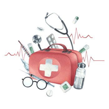 Red medical case, first aid kit with stethoscope, injections, plaster, pills and glasses. Watercolor illustration, hand drawn. Composition isolated png