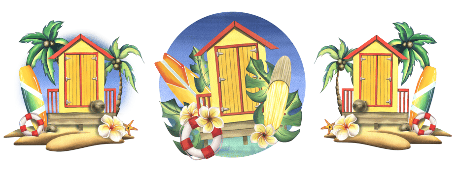 Beach cabin yellow with surfboards, tropical leaves and flowers with a lifebuoy. Watercolor illustration, hand drawn. Summer, beach set isolated compositions png