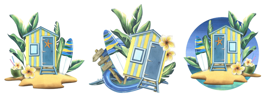 The beach cabin is striped blue and yellow, surfboard, road sign, tropical leaves, frangipani flowers and sea wave. Watercolor illustration, hand drawn. A set compositions isolated png