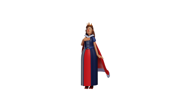 3D illustration. Surprised Queen 3D cartoon character. The beautiful queen stood up and held her chest with one hand. Queen showed her surprised expression. 3D cartoon character png