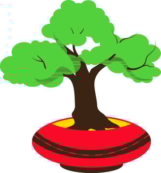 Bonsai tree icon with red pot in isolated. vector