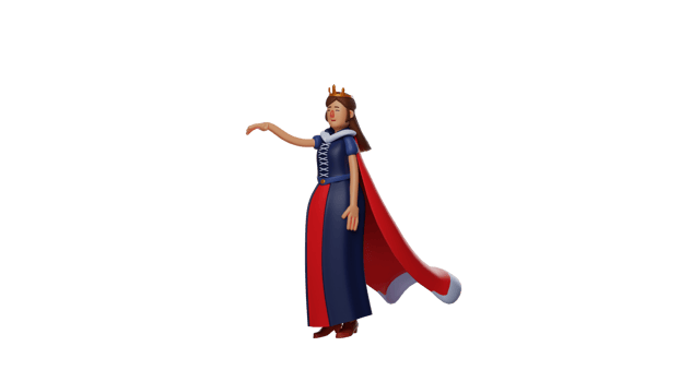 3D illustration. Tired Queen 3D cartoon character. Queen raised one hand and seemed to be waving to someone. The queen looks tired and wants to rest soon. 3D cartoon character png
