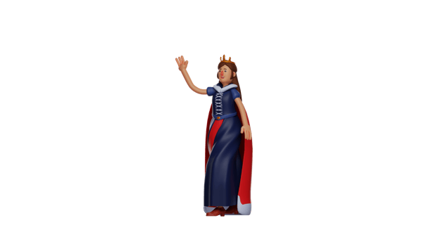 3D illustration. Royal Queen 3D cartoon character. Queen with a pose calling someone in front of her. The charming queen waved and wanted to say something. 3D cartoon character png