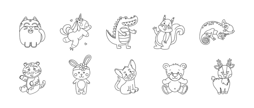 Animals Cute Funny Set of Drawings Vector black and white illustration Isolated on a white background