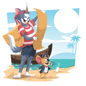 A Cat and a Mouse Wearing Pirate Suit vector