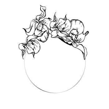 Hand drawn vector ink orchid flowers and branches, monochrome, detailed outline. Circle wreath composition. Isolated on white background. Design for wall art, wedding, print, tattoo, cover, card.