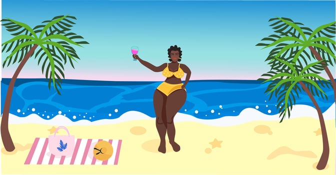 Black woman on the beach by the ocean with a cocktail and palm trees vector
