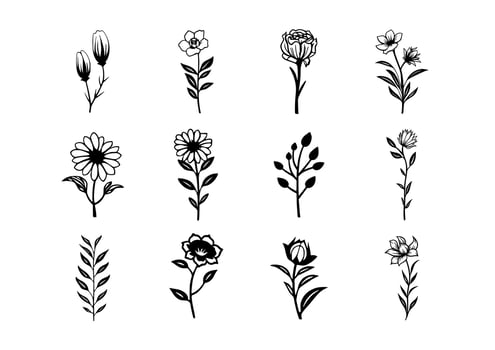 12 flower bundle black line on black background vector illustrations