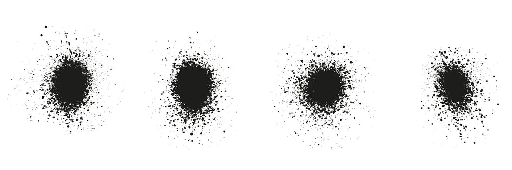 Spray, Spatter and Grunge Effect. Circle Dots, Grain Texture. Black Round Brush Splatter. Abstract Graphic Design Element. Distress Noise, Ink Splash. Isolated Vector Illustration.