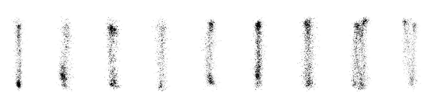 Spray Texture Paint Set. Line Black Splatter Stroke. Grunge Splash, Stripe Graffiti. Brush Effect, Spatter Brushstroke Collection. Abstract Graphic Design Element. Isolated Vector Illustration.