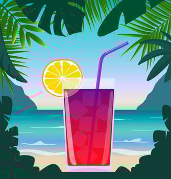 Exotic cocktail in beach bar on seashore. Cocktail with straw, lemon wedge and umbrella, surrounded by tropical leaves. Summer vacation concept. Beach bar poster. Summer party. Vector illustration.