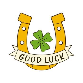 Good Luck lettering on ribbon with horseshoe and clover. St. Patrick's Day vector