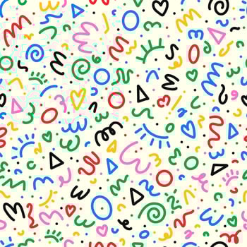 Colorful 90s seamless pattern. Squiggle kid background, doodle minimalistic wallpaper with basic forms and lines. Vector scribble backdrop