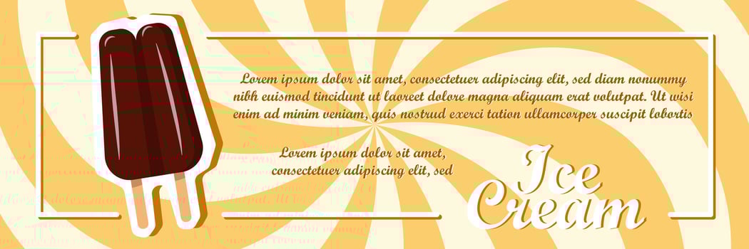 Ice cream illustration with delicious dessert and swirling radial background. Vector design template for promotional banner or poster with vanilla, chocolate, punch. Summer and text.