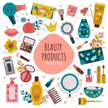 Set of different hand drawn beauty cosmetic products for body, hair and skin care. Bundle of cosmetics and makeup items in bottles, tubes and jars. Colored isolated flat vector illustration.