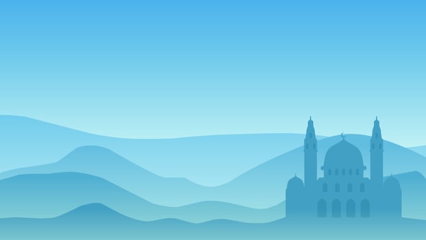 Islamic landscape vector illustration. Mosque landscape with mountain hill and shiny sky. Background landscape for islam religion and muslim faith. Wallpaper of design mountain with mosque silhouette