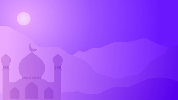 Islamic landscape vector illustration. Mosque landscape with mountain hill and shiny sky. Background landscape for islam religion and muslim faith. Wallpaper of design mountain with mosque silhouette