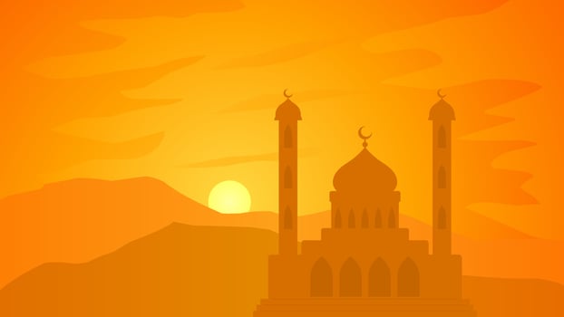 Islamic landscape vector illustration. Mosque landscape with mountain hill and shiny sky. Background landscape for islam religion and muslim faith. Wallpaper of design mountain with mosque silhouette