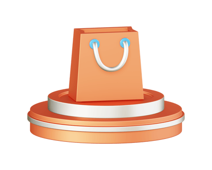 3d illustration icon design of metallic orange shopping bag with circular or round podium png